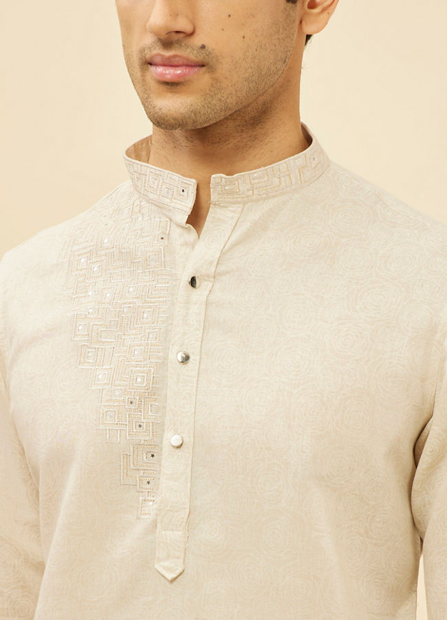 Manyavar Men Natural Beige Self Rose Printed Kurta
