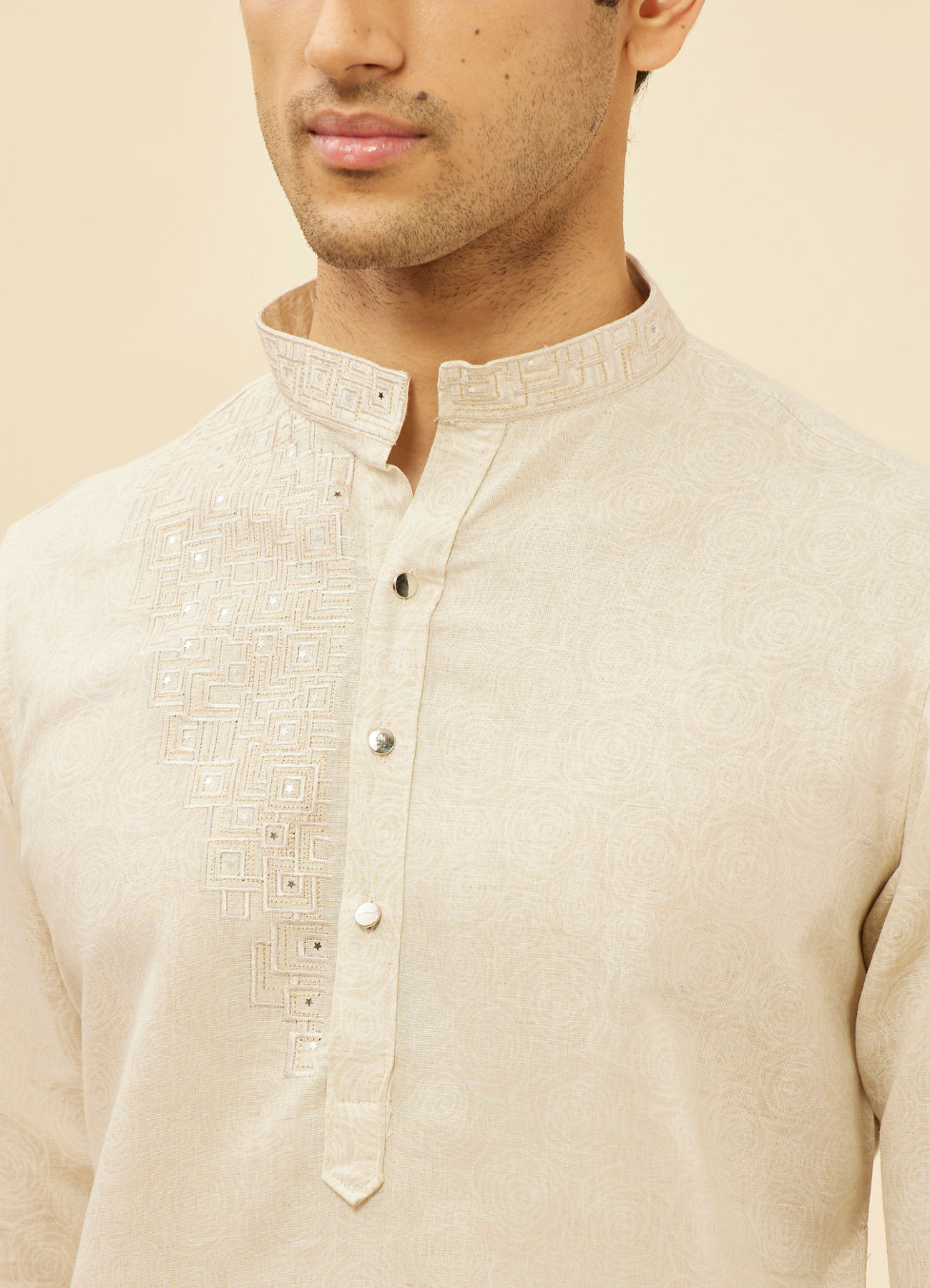 Manyavar Men Natural Beige Self Rose Printed Kurta