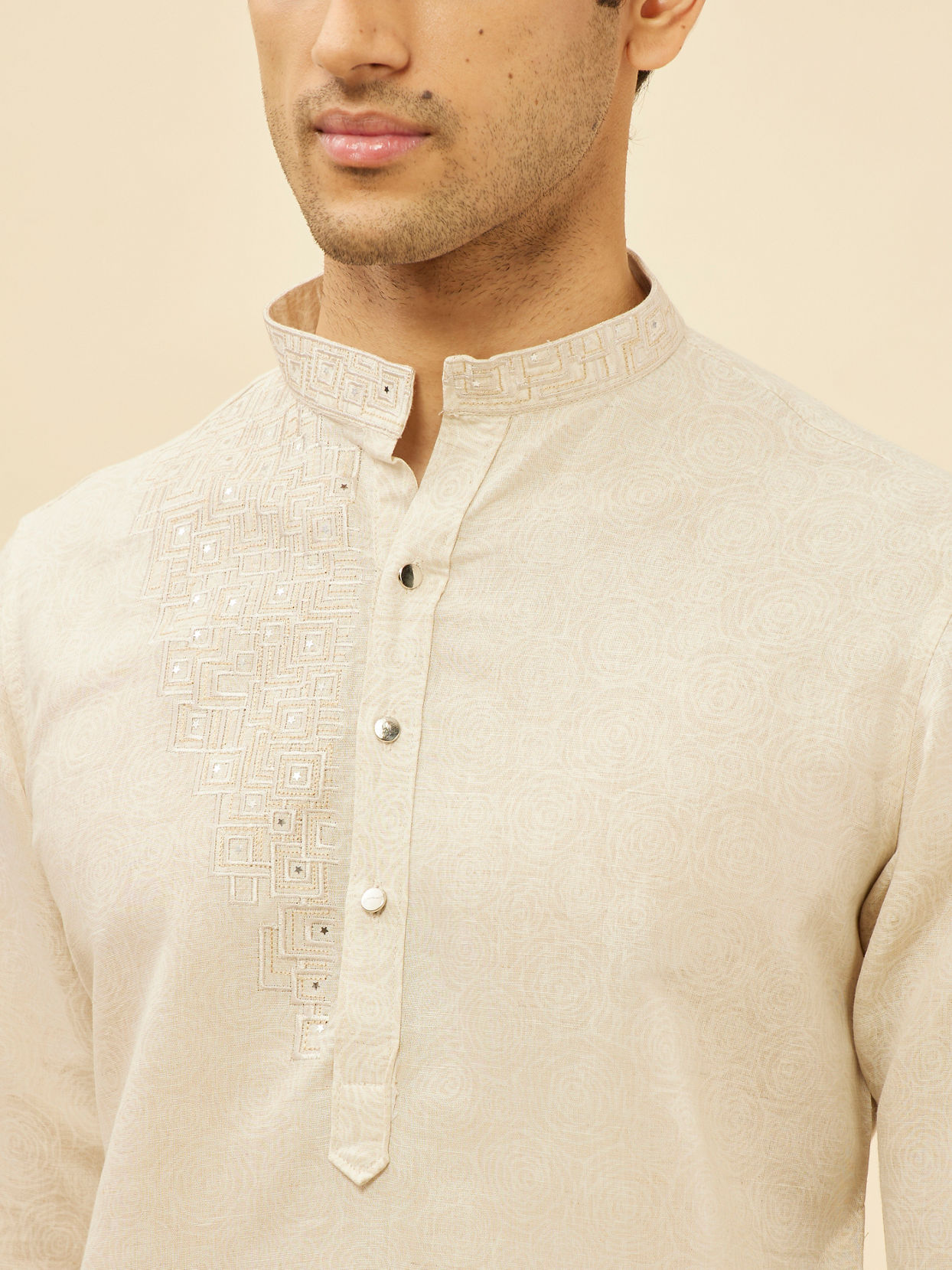 Manyavar Men Natural Beige Self Rose Printed Kurta