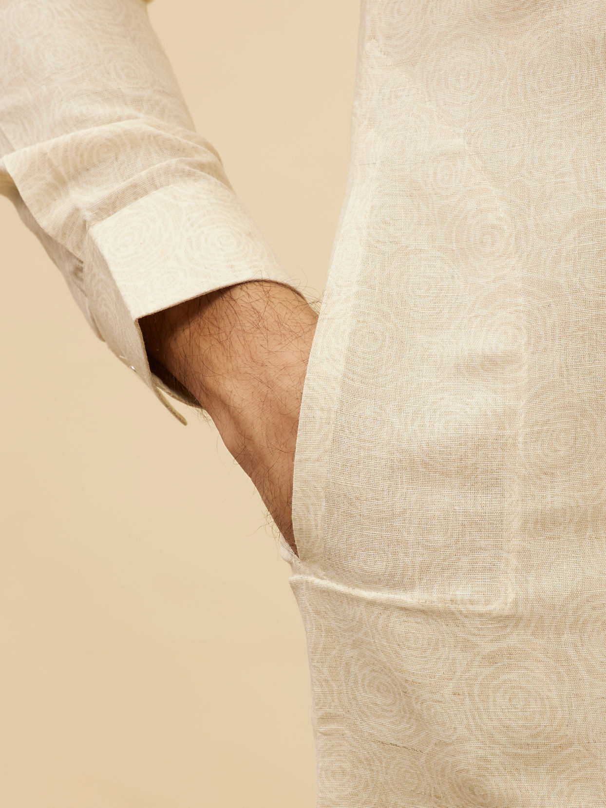 Manyavar Men Natural Beige Self Rose Printed Kurta