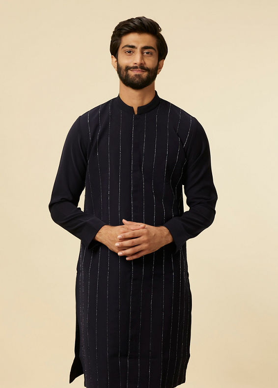 Manyavar Men Dark Blue Striped Patterned Kurta