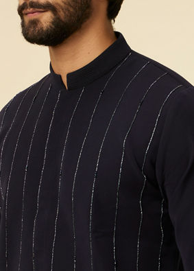 alt message - Manyavar Men Dark Blue Striped Patterned Kurta image number 1