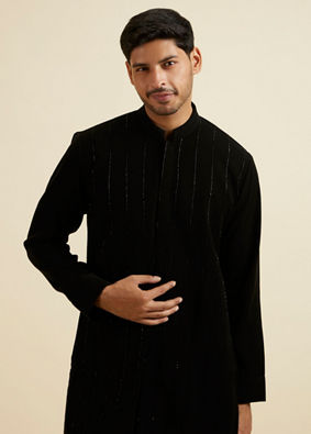Manyavar Men Black Striped Patterned Kurta