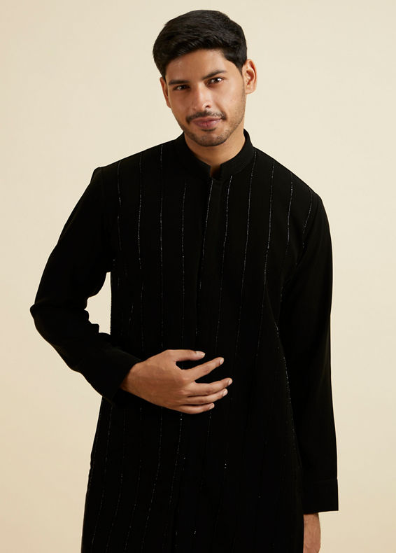 Manyavar Men Black Striped Patterned Kurta