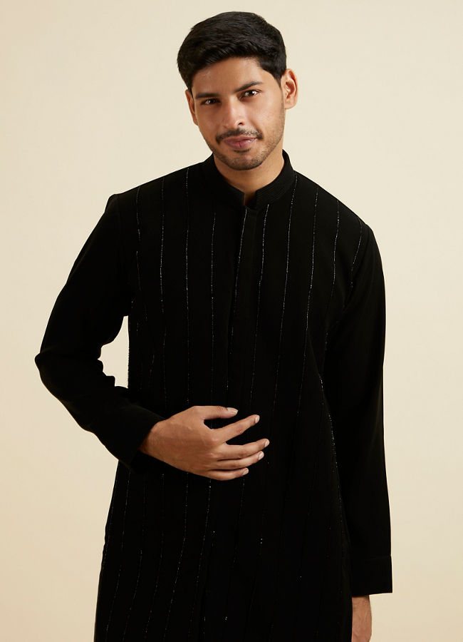 alt message - Manyavar Men Black Striped Patterned Kurta image number 0