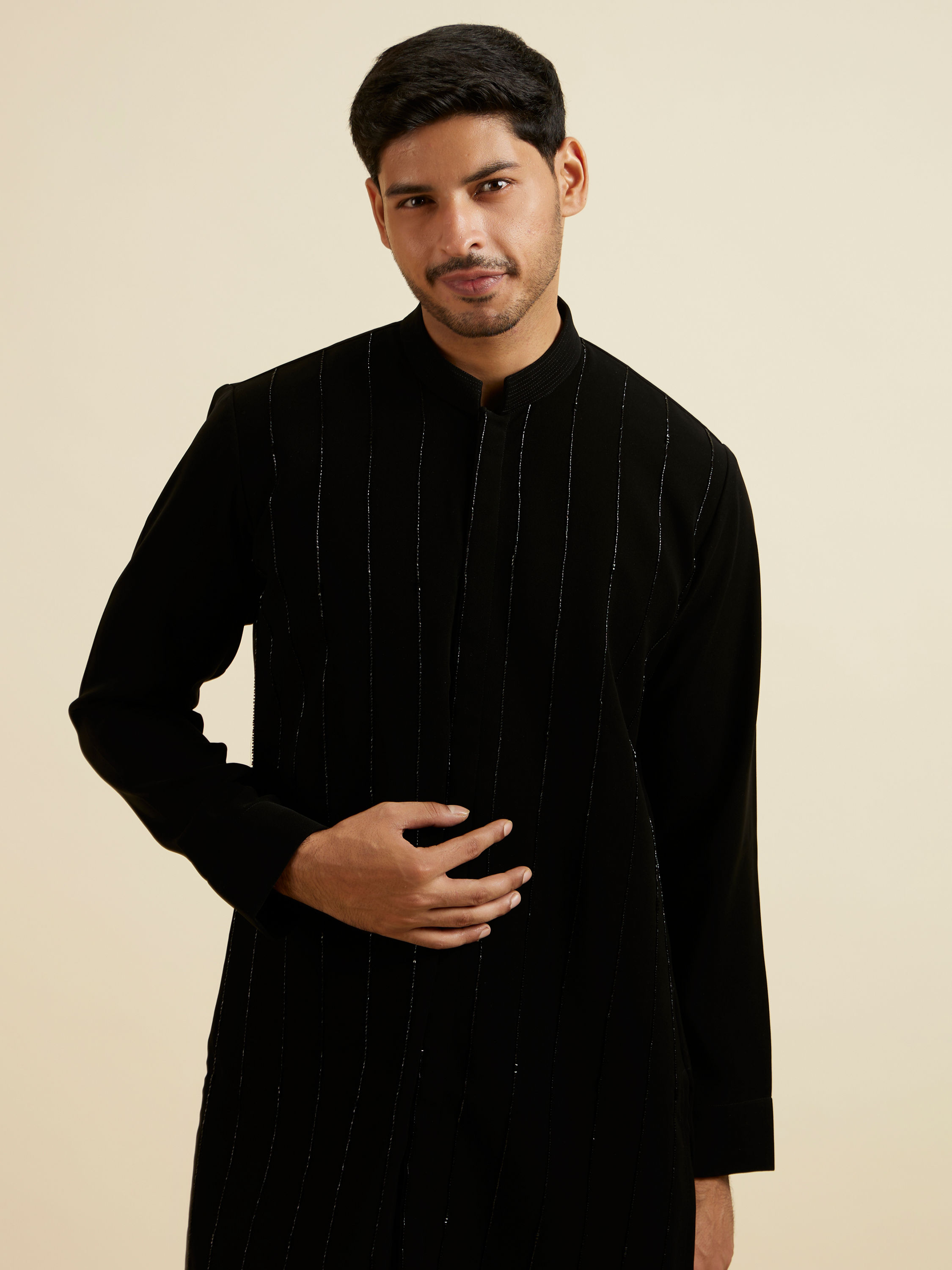 Manyavar Men Black Striped Patterned Kurta