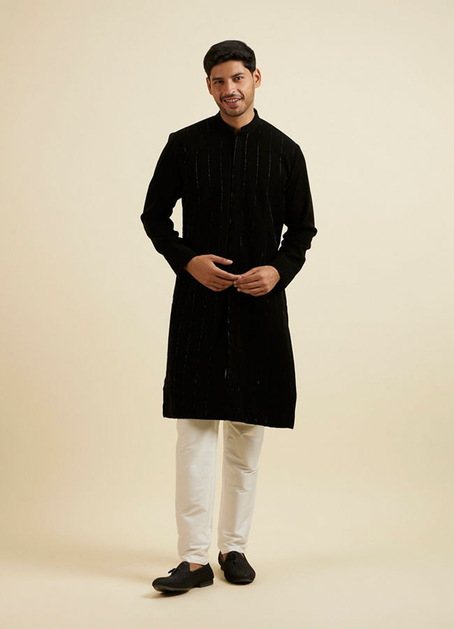 alt message - Manyavar Men Black Striped Patterned Kurta image number 2