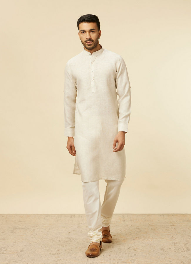 Manyavar Men Warm White Self Patterned Kurta