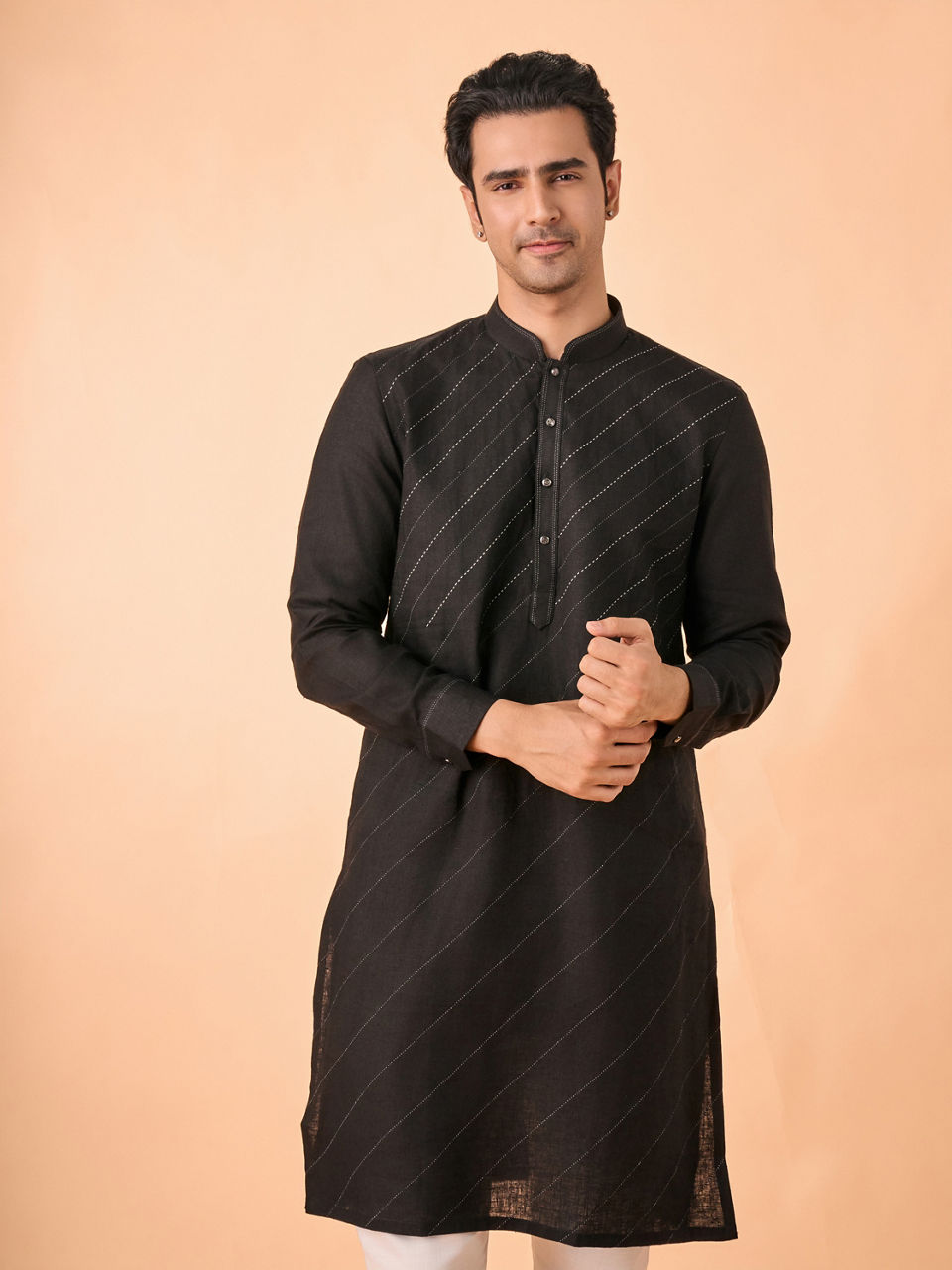 Manyavar Men Black Linen Regal Kurta