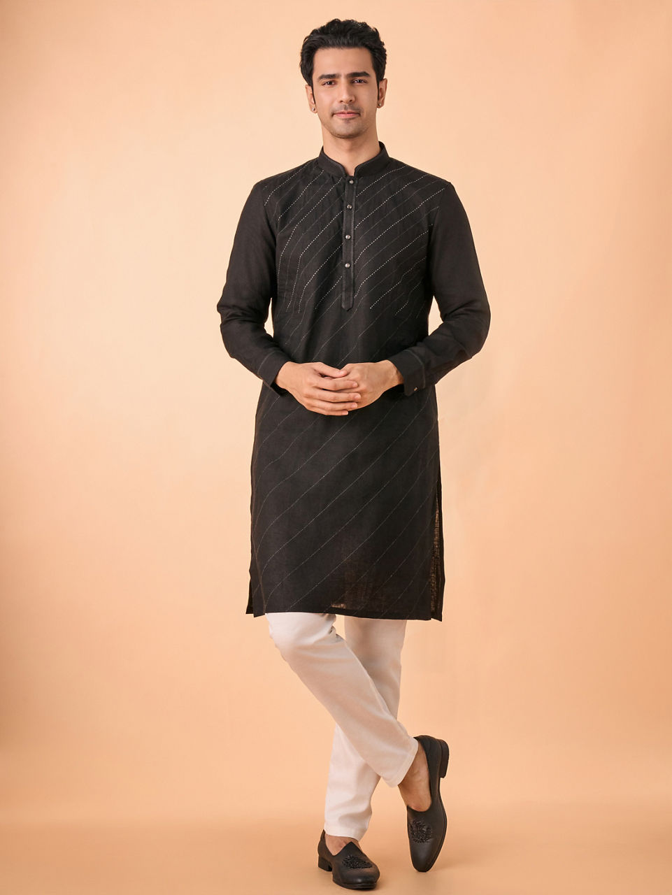 Manyavar Men Black Linen Regal Kurta