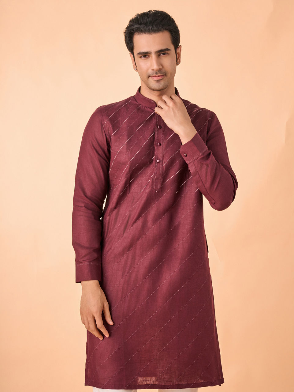 Manyavar Men Wine Hues Royal Linen Kurta