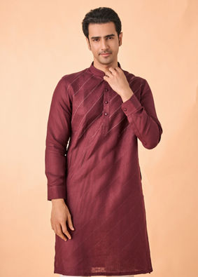 Manyavar Men Wine Hues Royal Linen Kurta
