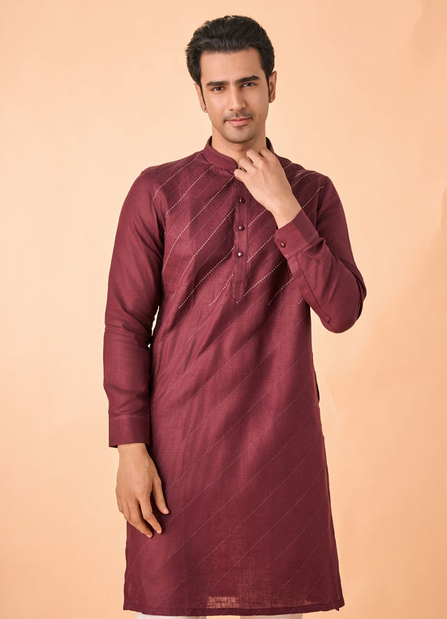 Manyavar Men Wine Hues Royal Linen Kurta
