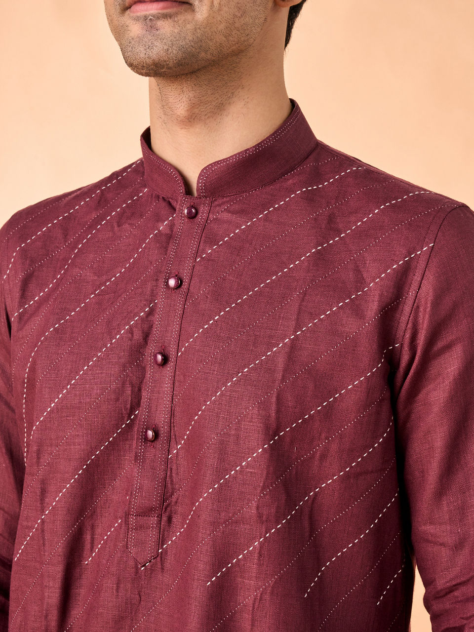 Manyavar Men Wine Hues Royal Linen Kurta
