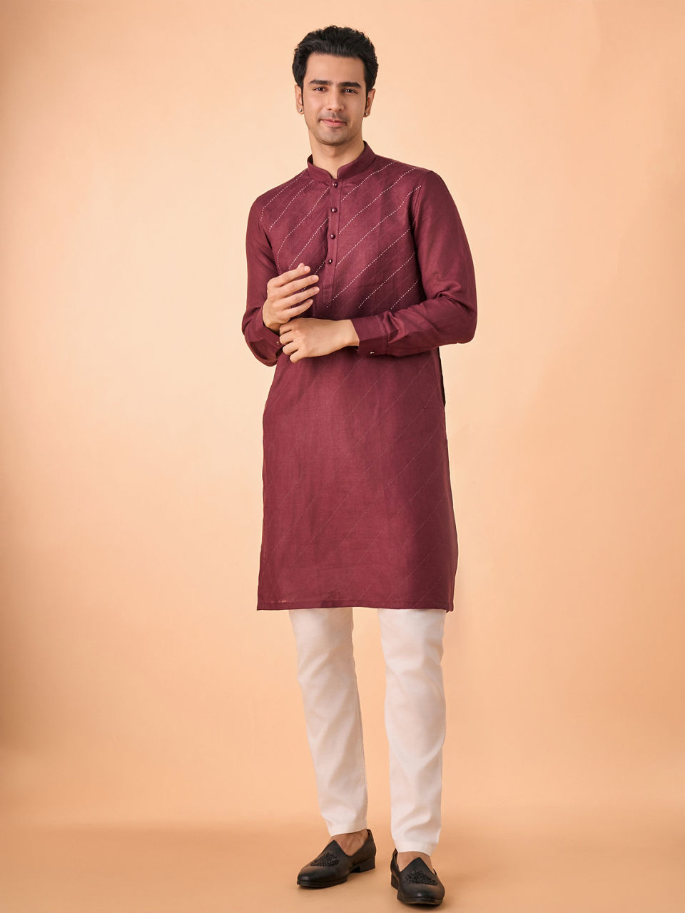 Manyavar Men Wine Hues Royal Linen Kurta