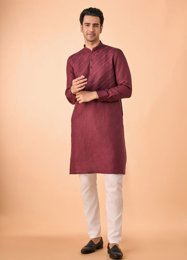Manyavar Men Wine Hues Royal Linen Kurta