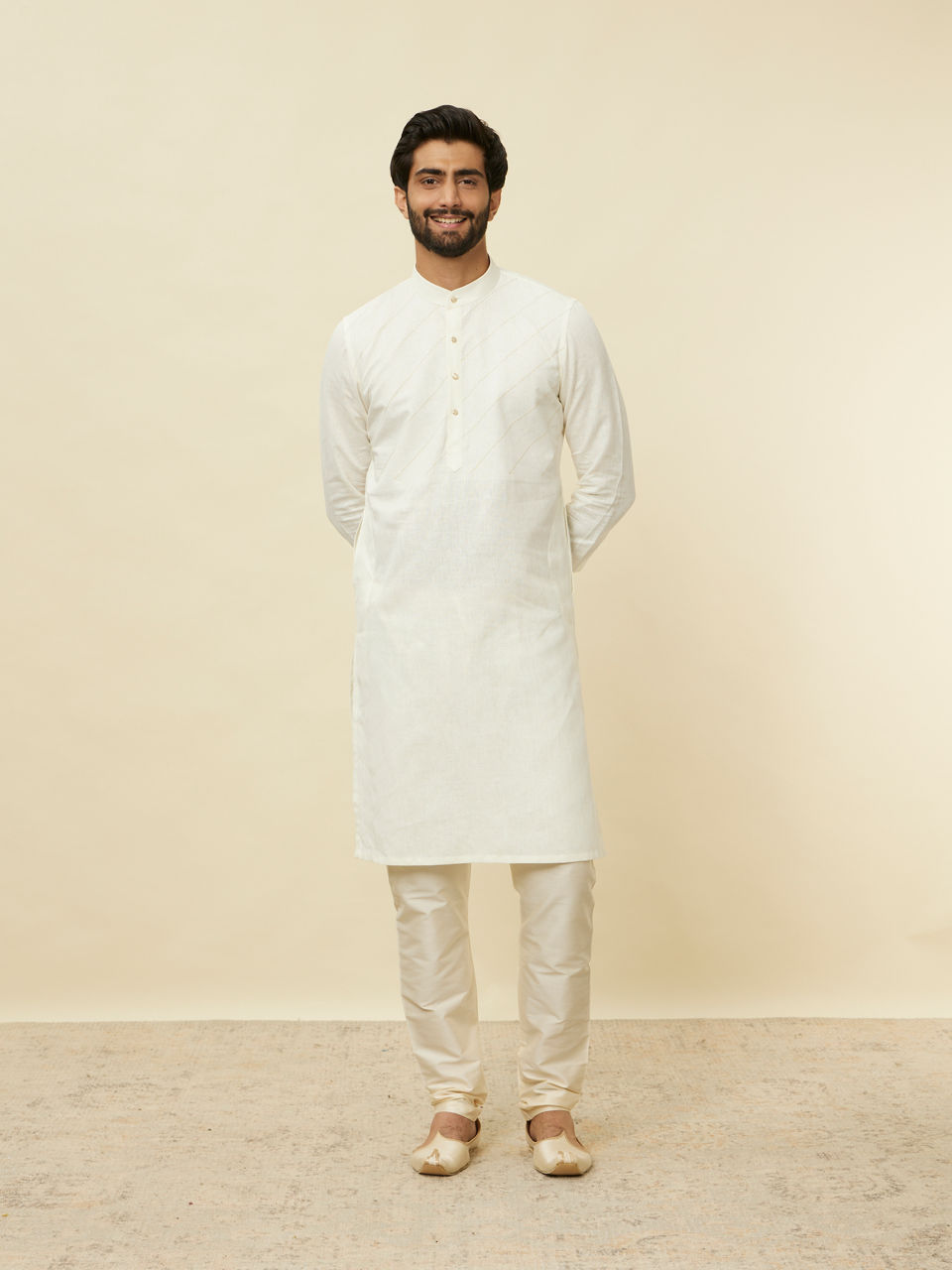 Manyavar Men Pearled Ivory White Diagonal Print Kurta