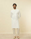 Manyavar Men Pearled Ivory White Diagonal Print Kurta