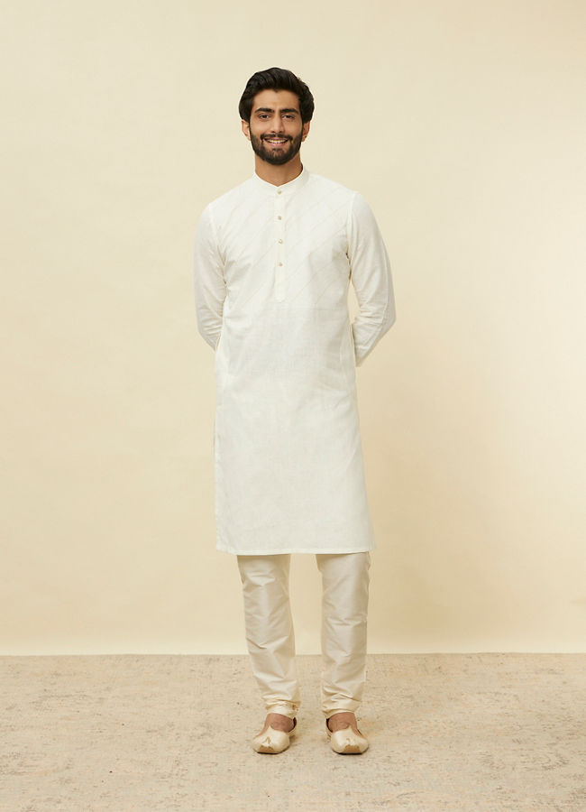 Manyavar Men Pearled Ivory White Diagonal Print Kurta