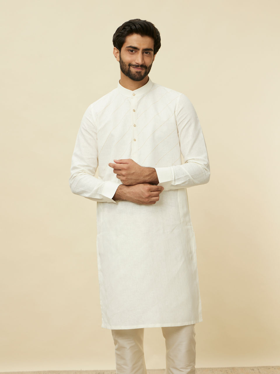 Manyavar Men Pearled Ivory White Diagonal Print Kurta