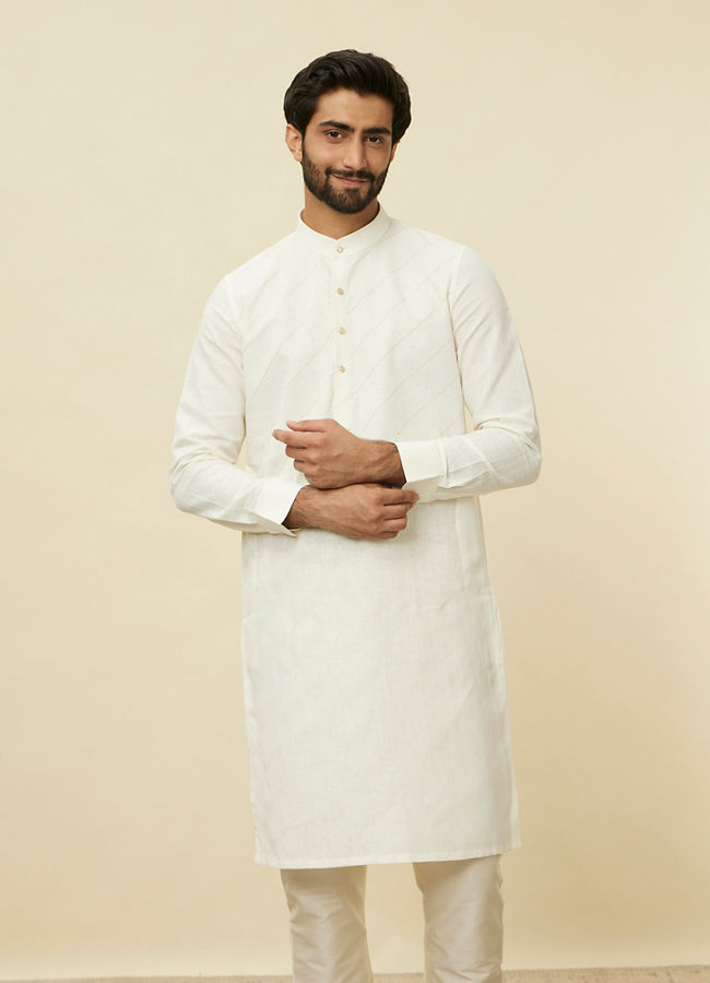 alt message - Manyavar Men Pearled Ivory White Diagonal Print Kurta image number 0