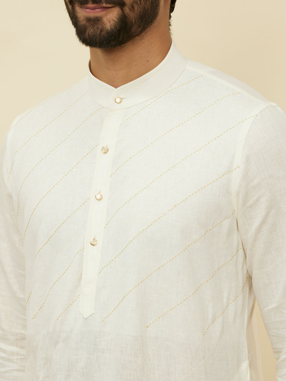 Manyavar Men Pearled Ivory White Diagonal Print Kurta