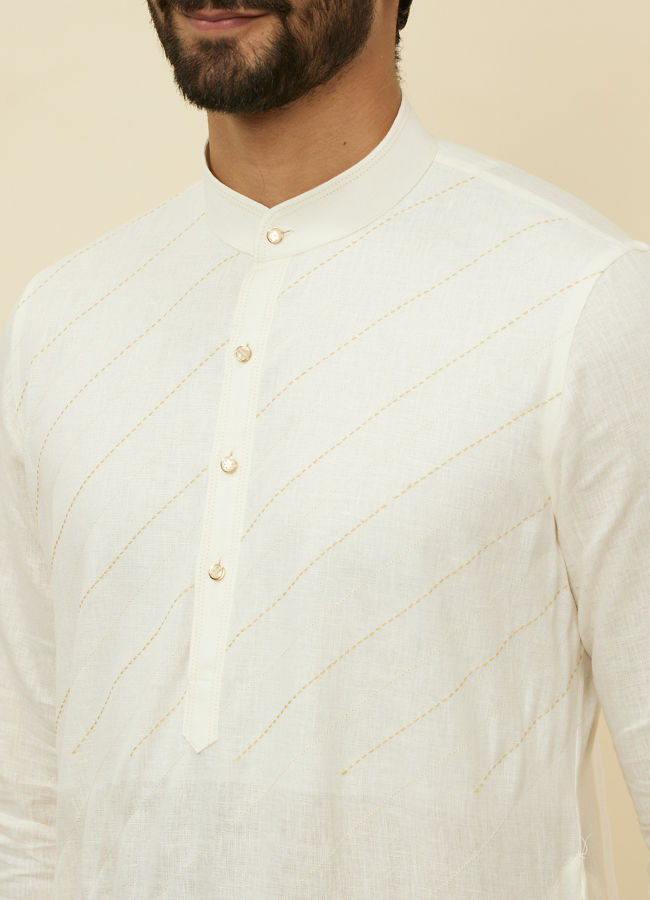 Manyavar Men Pearled Ivory White Diagonal Print Kurta