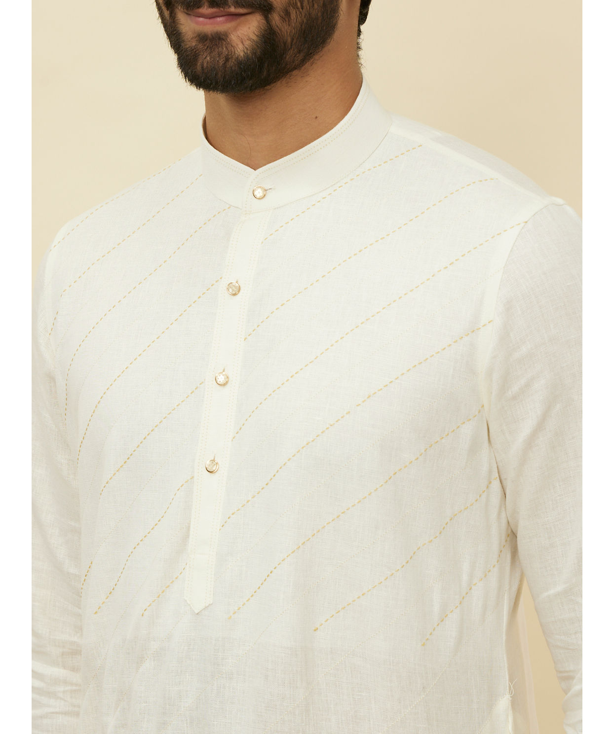 Manyavar Men Pearled Ivory White Diagonal Print Kurta