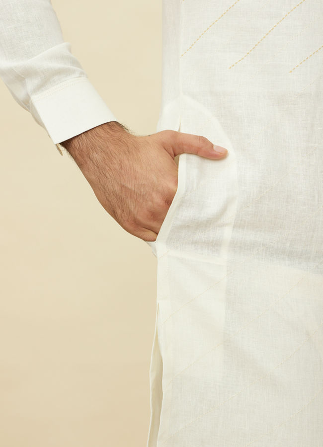 Manyavar Men Pearled Ivory White Diagonal Print Kurta