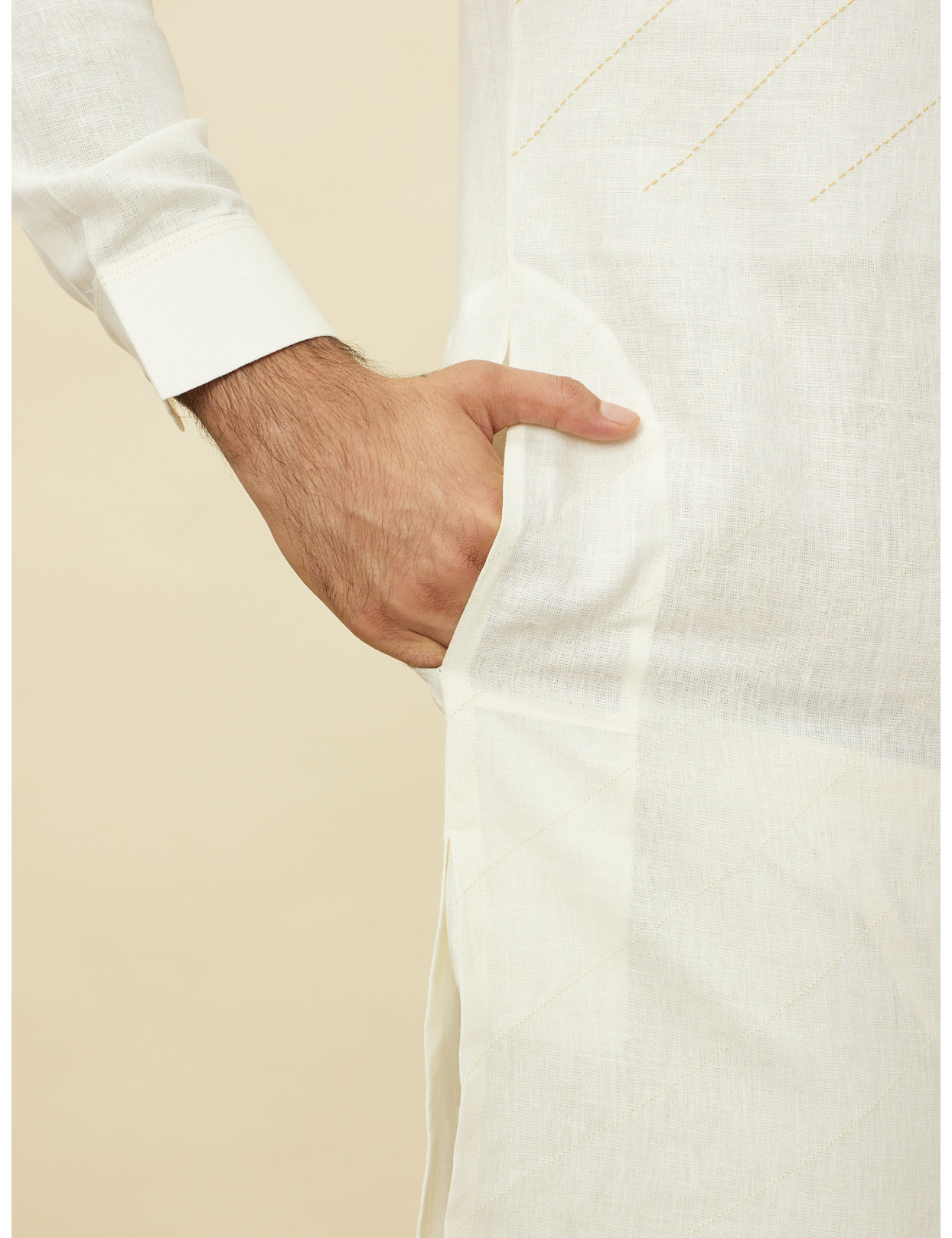 Manyavar Men Pearled Ivory White Diagonal Print Kurta