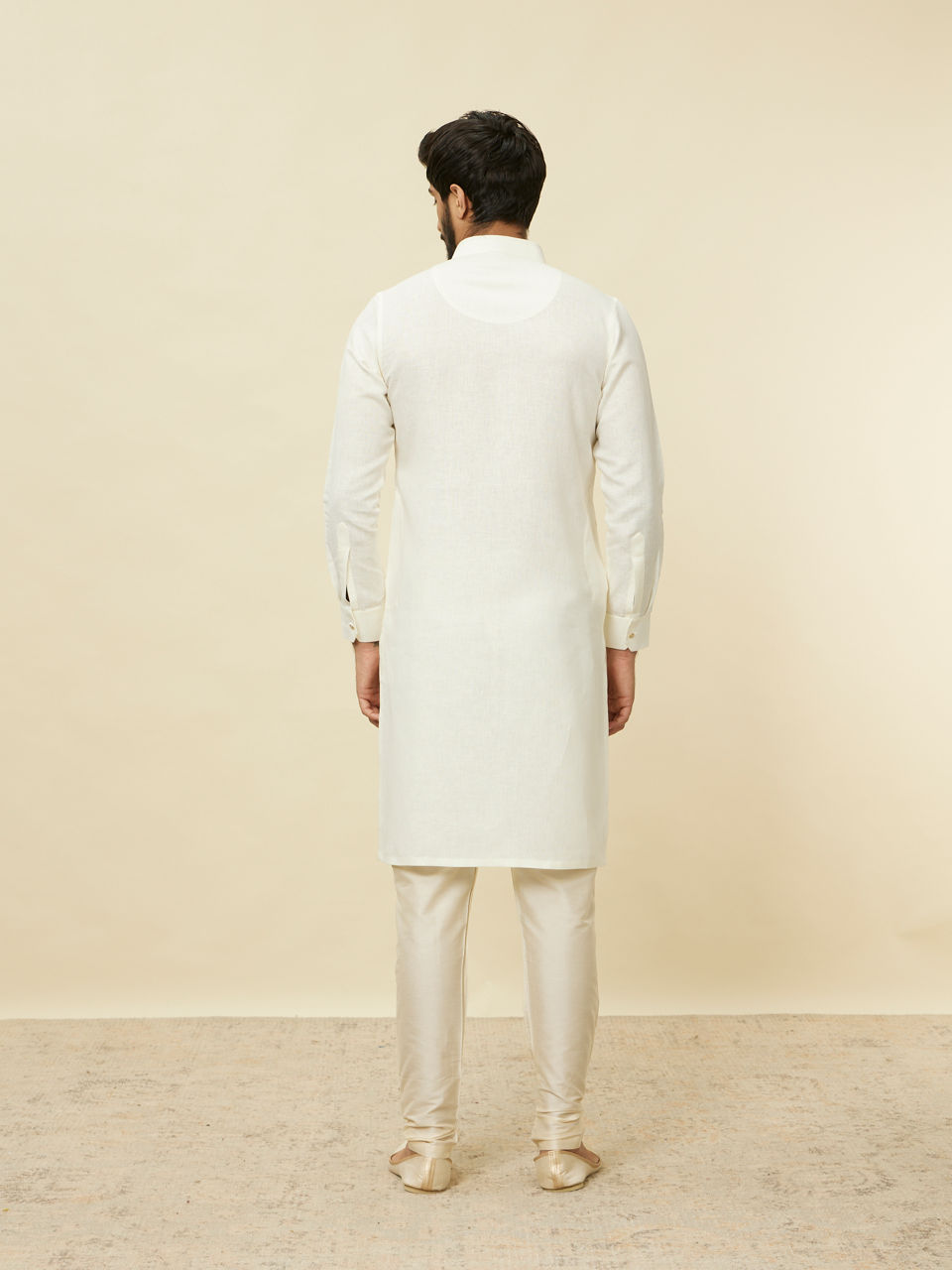 Manyavar Men Pearled Ivory White Diagonal Print Kurta