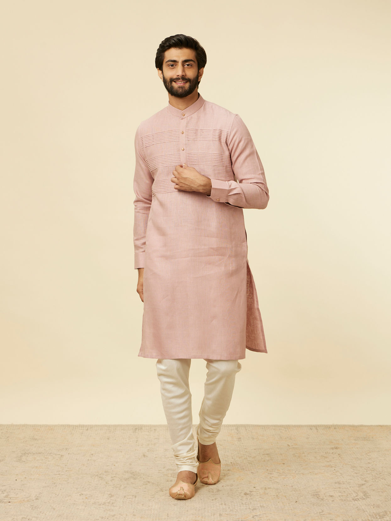 Manyavar Men Dusty Pink Embroidered Stripe Patterned Kurta