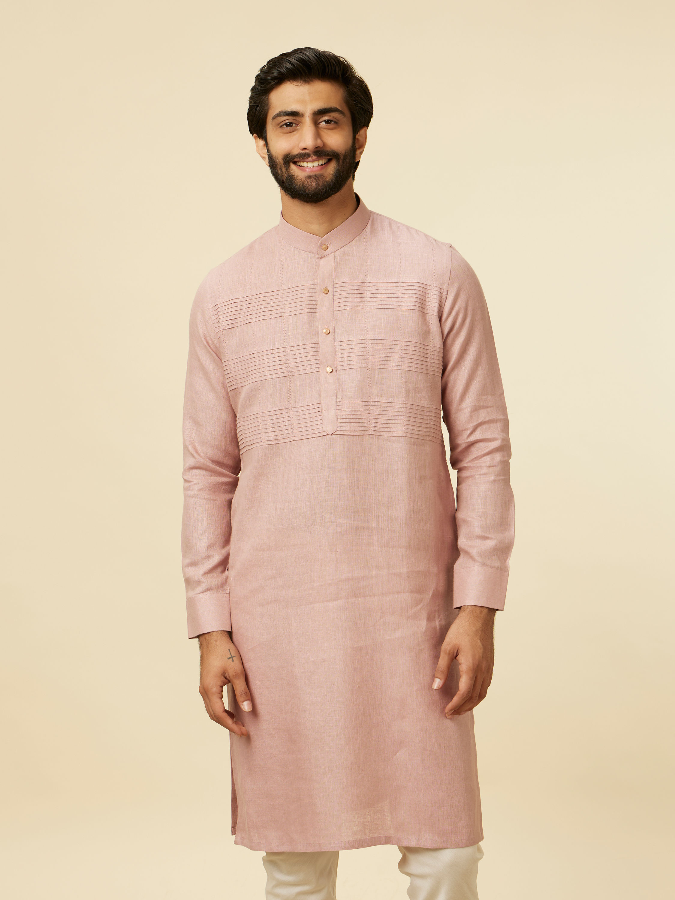 Manyavar Men Dusty Pink Embroidered Stripe Patterned Kurta