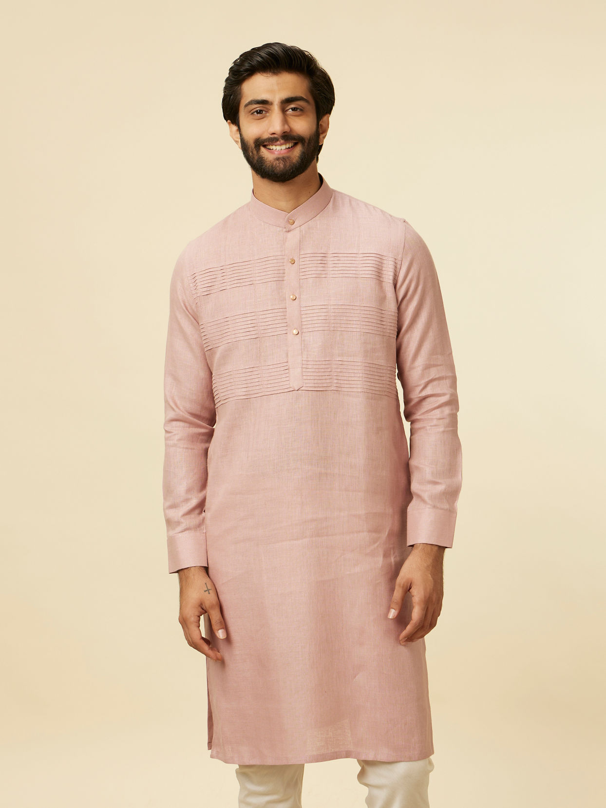 Manyavar Men Dusty Pink Embroidered Stripe Patterned Kurta