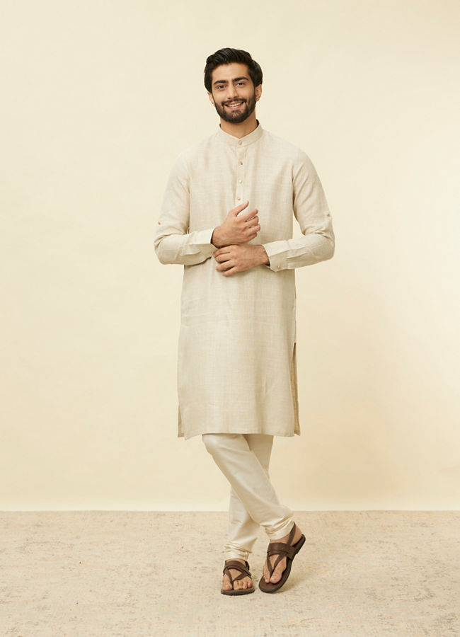 Manyavar Men Biscuit Beige Square Grid Printed Kurta