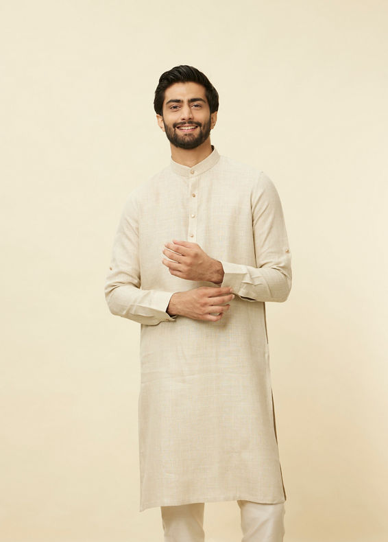 Manyavar Men Biscuit Beige Square Grid Printed Kurta