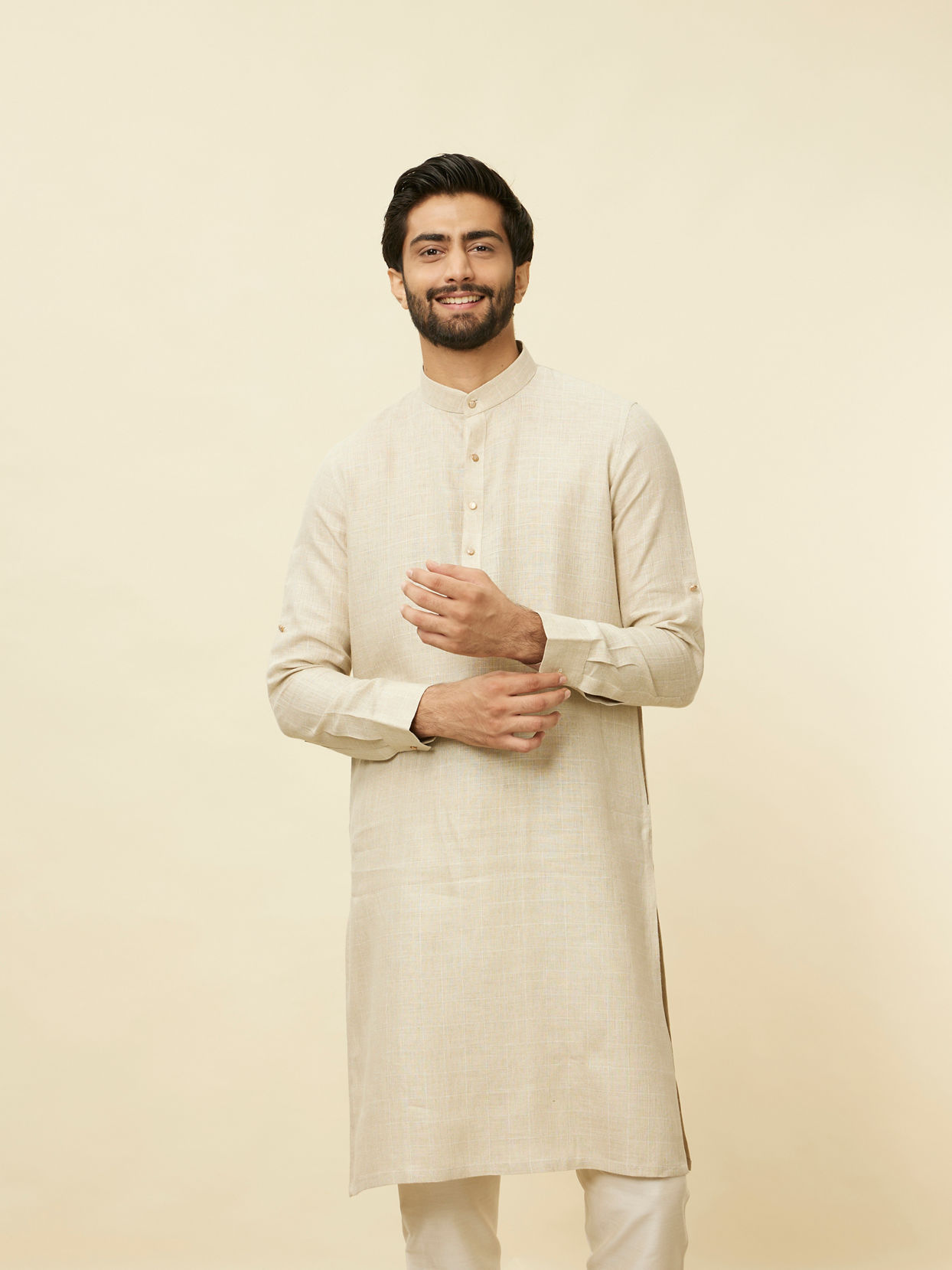 Manyavar Men Biscuit Beige Square Grid Printed Kurta