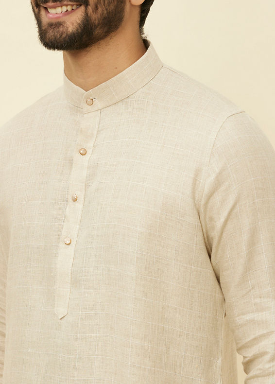 Manyavar Men Biscuit Beige Square Grid Printed Kurta