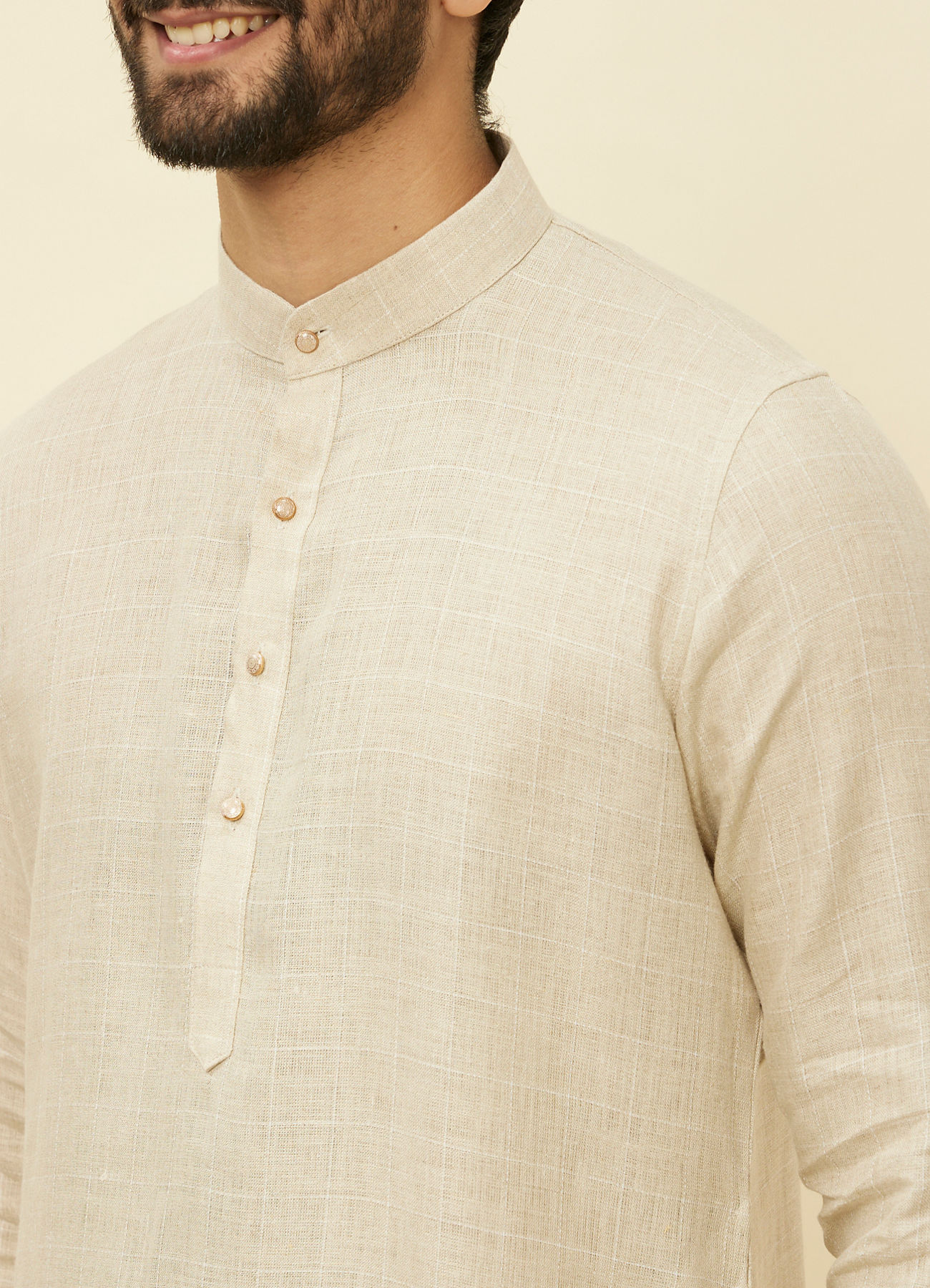 Manyavar Men Biscuit Beige Square Grid Printed Kurta