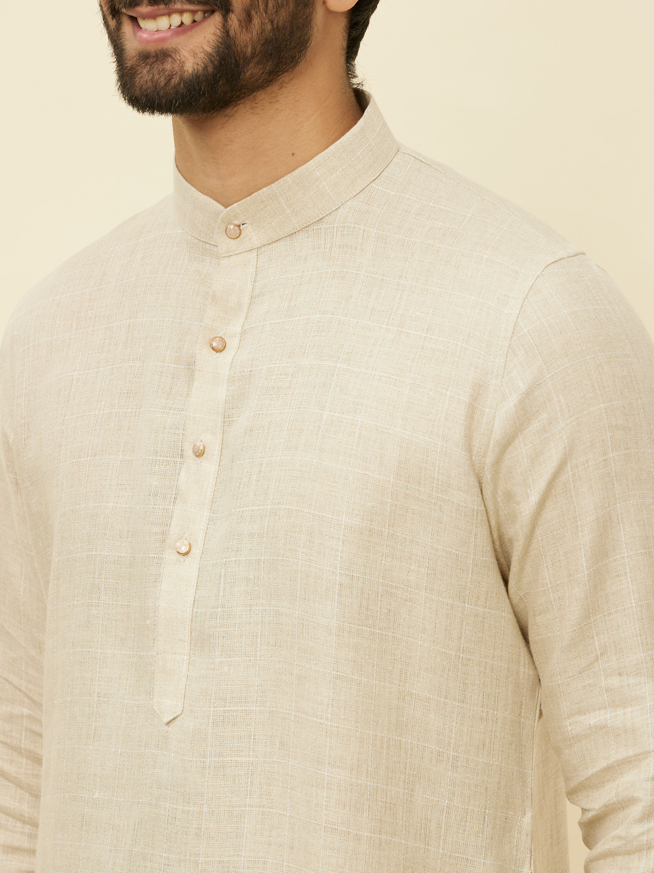 Manyavar Men Biscuit Beige Square Grid Printed Kurta