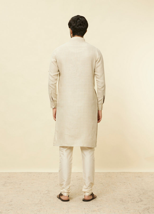 Manyavar Men Biscuit Beige Square Grid Printed Kurta
