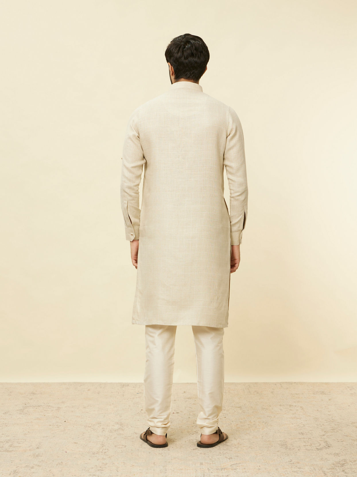 Manyavar Men Biscuit Beige Square Grid Printed Kurta