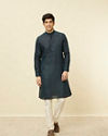 alt message - Manyavar Men Navy Blue Square Grid Printed Kurta image number 2