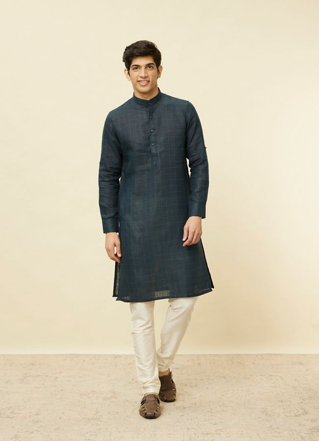 Manyavar Men Navy Blue Square Grid Printed Kurta