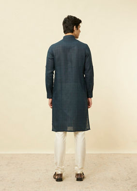 Manyavar Men Navy Blue Square Grid Printed Kurta image number 4