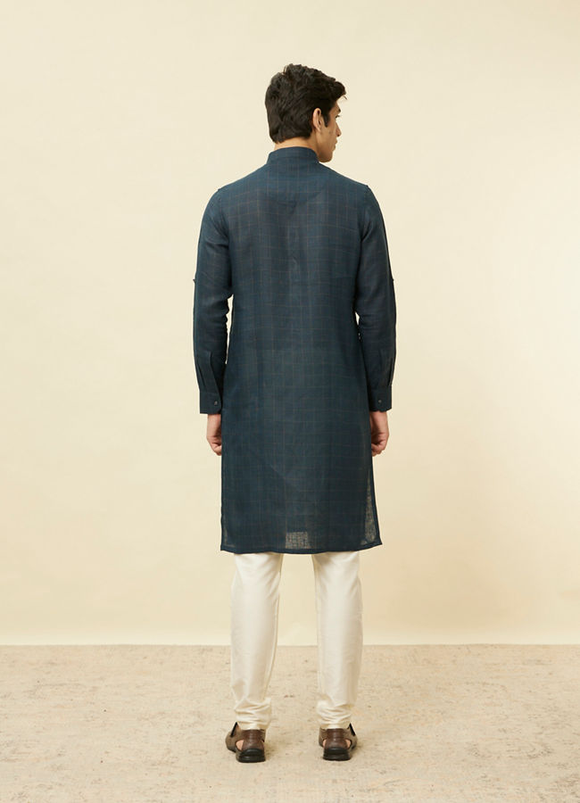 Manyavar Men Navy Blue Square Grid Printed Kurta