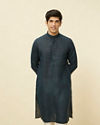 alt message - Manyavar Men Navy Blue Square Grid Printed Kurta image number 0