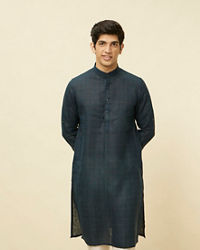 Manyavar Men Navy Blue Square Grid Printed Kurta