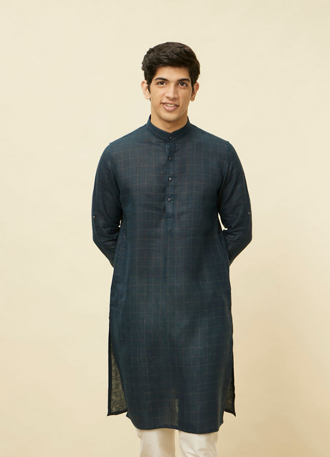 alt message - Manyavar Men Navy Blue Square Grid Printed Kurta image number 0