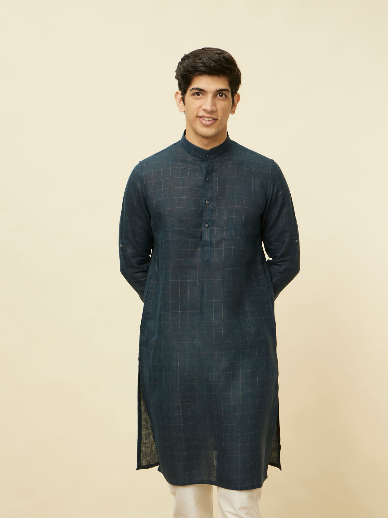 alt message - Manyavar Men Navy Blue Square Grid Printed Kurta image number 0